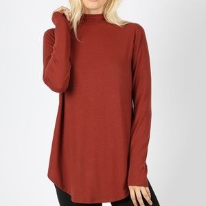 PREMIUM FABRIC LONG SLEEVE MOCK NECK ROUND HEM TOP